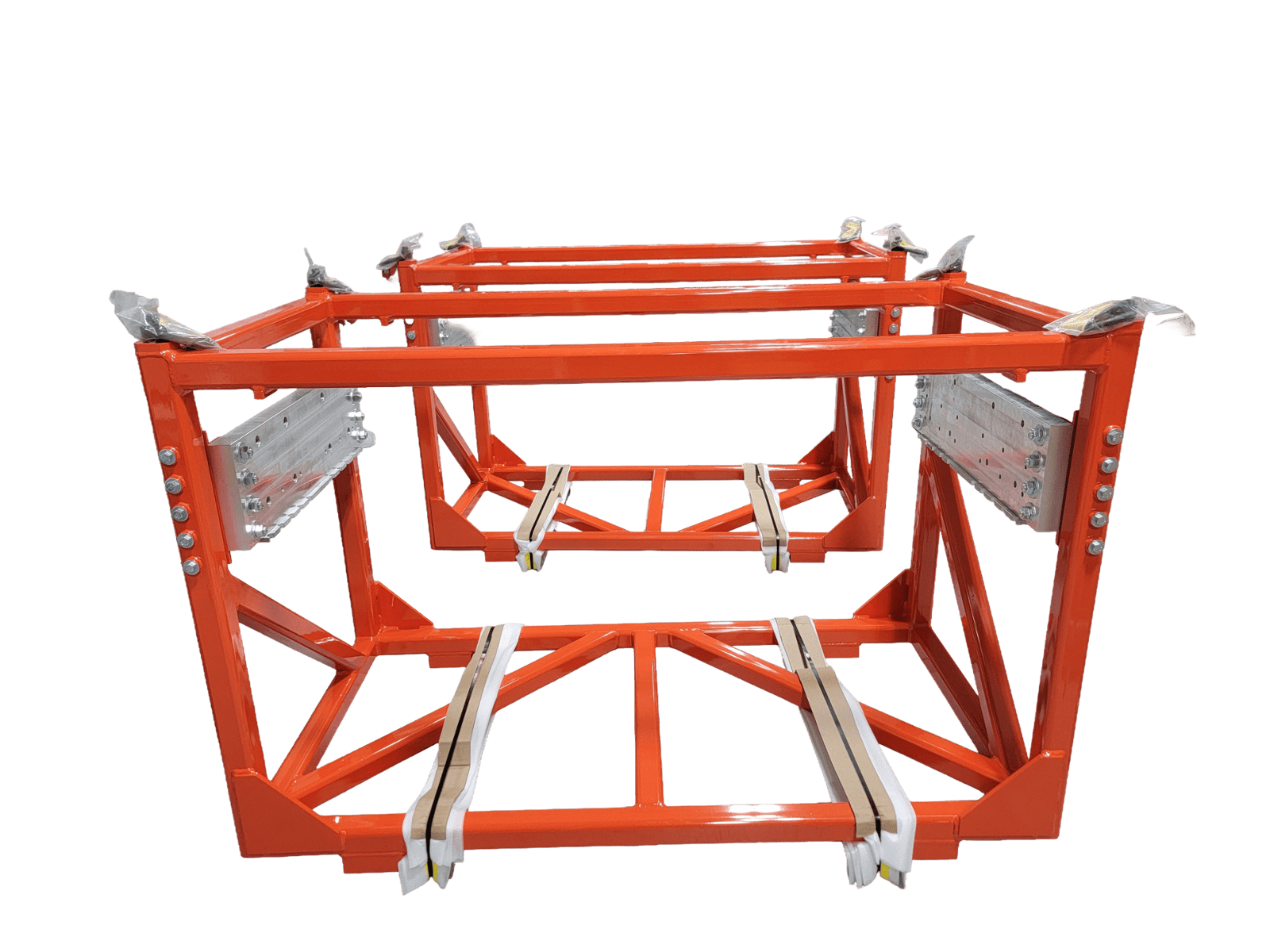 Fabricated Tube frames for a laboratory application. Powder coated bright red-orange and finish assembled